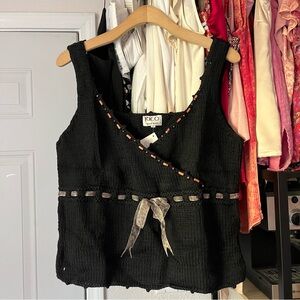 NWT RICO hand knits black chunky cotton knit beaded surplice sweater tank top